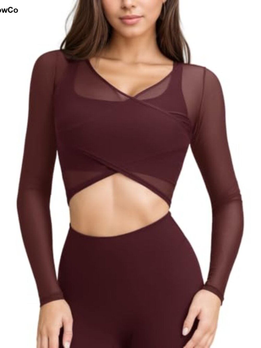 V Neck Cross Wrap Long Sleeve Crop Top Mesh Workout Yoga Top